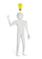 3d man thinking and yellow light bulb above
