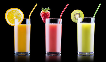 tasty summer fruits with juice in glass
