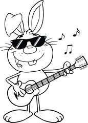 Outlined Rabbit With Sunglasses Playing A Guitar And Singing
