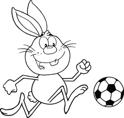 Black And White Cute Rabbit Character Playing With Soccer Ball