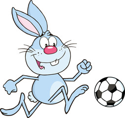 Cute Blue Rabbit Cartoon Character Playing With Soccer Ball