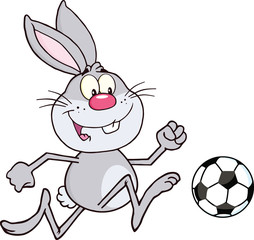 Cute Gray Rabbit Cartoon Character Playing With Soccer Ball