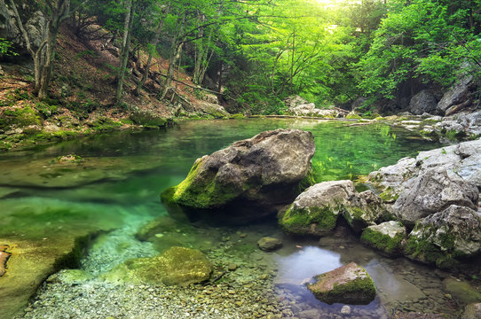 Mountain river in forest and mountain terrain.