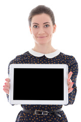 beautiful business woman showing tablet pc with empty screen iso