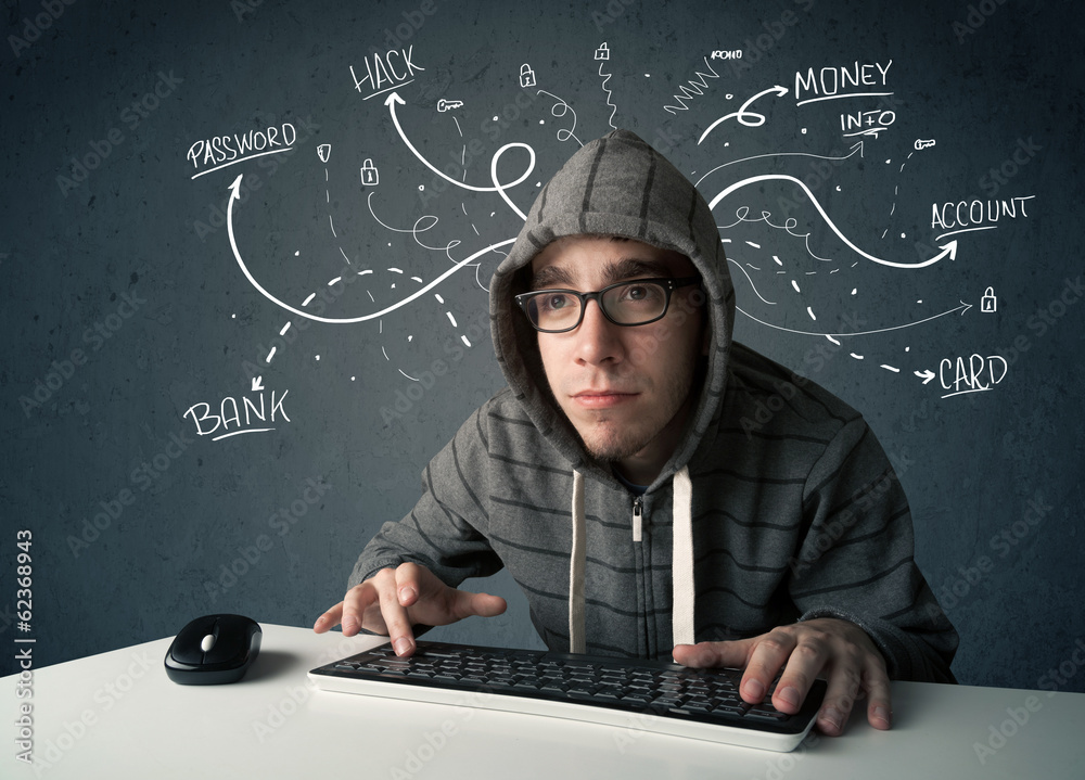 Aufkleber young hacker with white drawn line thoughts