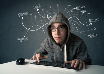 Young hacker with white drawn line thoughts