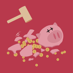 Broken Piggy bank with hammer  saving money  Vector