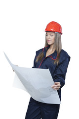 Female architect holding blueprints, isolated on white 