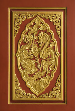 Golden Dragon Wood Carved  on Red Chinese Temple Door