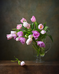 Still life with colorful tulips