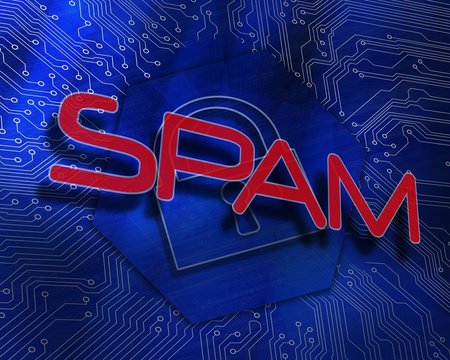Spam against lock graphic on blue background