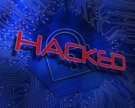 Hacked against lock graphic on blue background