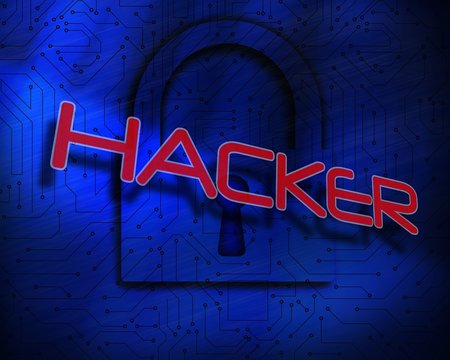 Hacker against lock on digital background