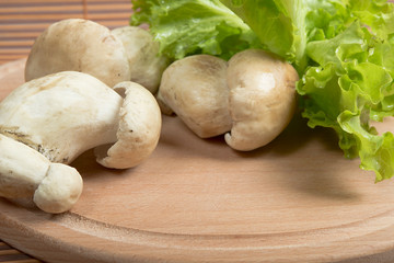 fresh boletus and lettuce on a wooden board