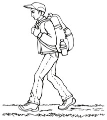 Vector drawing. Traveler with a backpack going up the path