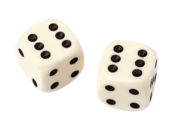 Two white dices isolated on white with clipping path