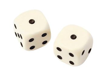 Two white dices isolated on white with clipping path