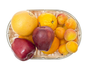 Apple, Orange, Apricot on Bowl Isolated on White Background