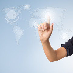 Woman's hand pressing virtual button. Network concept