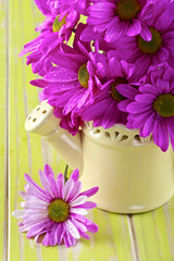 Spring flowers in decorative yellow watering can