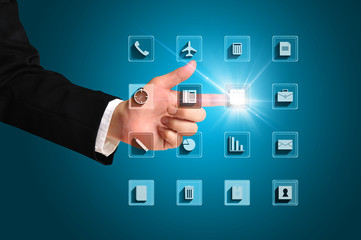 businessman touching icon of media screen.