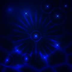 Vector abstract dark background with glowing rays and stars