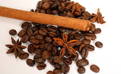 coffee grains, an anise and cinnamon on a white background