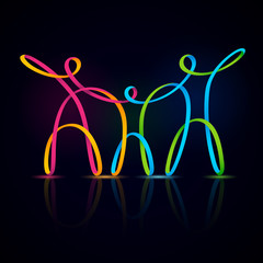 three swirly figures holding hands