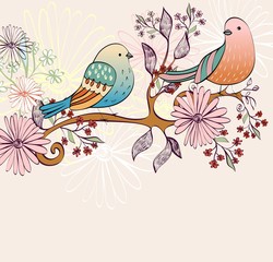 Vector hand drawn illustration with cartoon birds