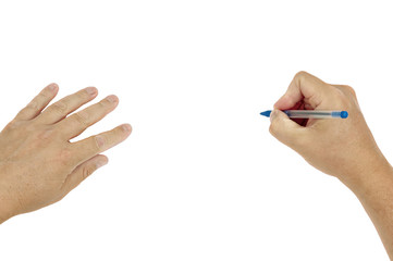 Hands writing on a blank white background with clipping path