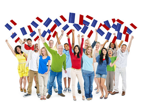 Multi-Ethnic and Diverse People Holding Flag of France