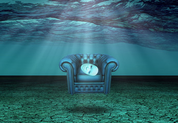 White Mask and armchair floats in underwater desert