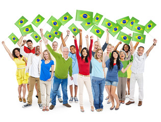 Multiethnic Group of People Wave the Flag of Brazil