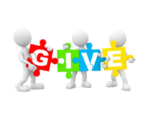 3D Man Holding Colorful Jigsaw with Word Give