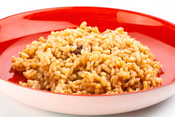 freshly cooked rice on red dish