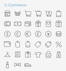 33 Thin Icons Set of E-Commerce. Simple line icons pack