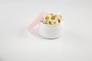 Daisies and Dandelion in cosmetic cream box