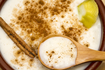 Rice pudding in a ceramic bowl