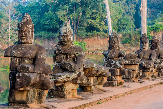 khmer statue south gate bridge angkor thom cambodia