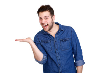 Smiling man showing hand as display