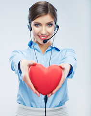 Woman call center operator hold love symbol of Valentine day. R