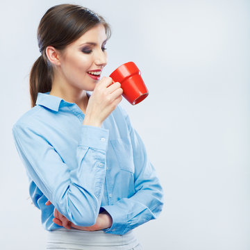 Business woman portrait hold red coffee cup.