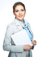 Smiling business woman hold blank board. Sign board.