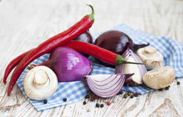 chilis, red onion,  mushrooms and garlic