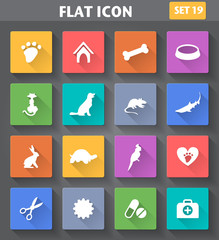 Veterinary Pet Icons set in flat style with long shadows.