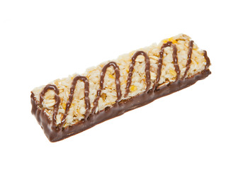 Granola bar with coconut flakes in mile chocolate