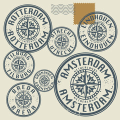 Grunge rubber stamp set with names of Netherlands cities