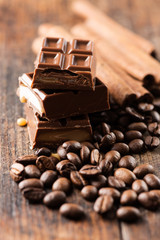 Chocolate bar and cofee beand on wooden table