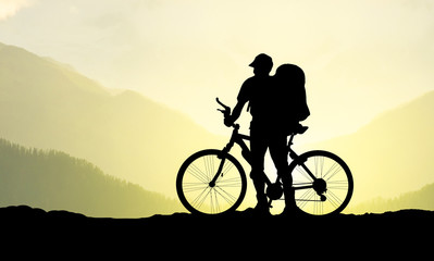 Silhouette of tourist and biker. Active life concept