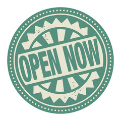 Abstract stamp or label with the text Open Now written inside